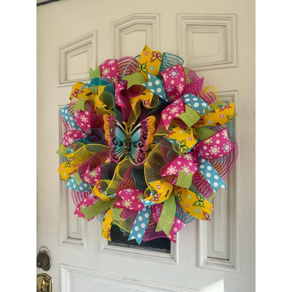 Butterfly Deco Mesh Ribbon Spring Summer Wreath Front Door Hanger Home Decor - Picture 5 of 7